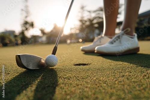 Golf Ball Ready to Be Putted as the Sun Sets on a Green Course in the Evening