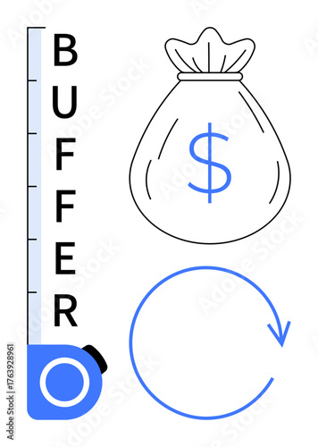 Money bag with dollar sign, buffer scale indicator, and arrow highlighting financial stability and reserves. Ideal for finance, savings, budgeting, planning, investment, risk management and economic