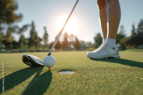 Player Prepares to Putt on a Sunny Golf Course in the Late Afternoon