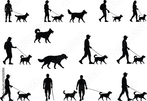 Silhouettes of people walking dogs, breed variety, leashes, cane and backpack, flat vector, cad drawing
