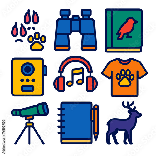 Wildlife Observation Icons. Flat vector icons of wildlife observation: animal tracks icon, birdwatching binoculars, field