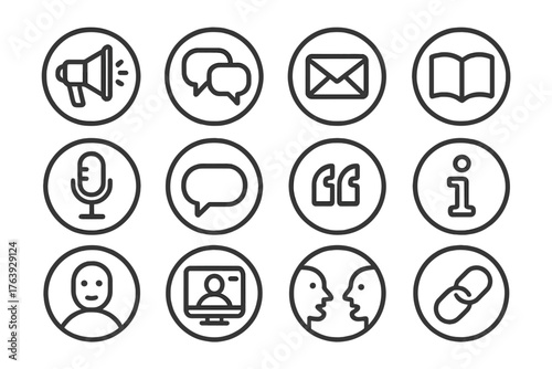 Communication Line Icons. Line style round icons of communication traits: loudspeaker, conversation bubble, email icon, open book;