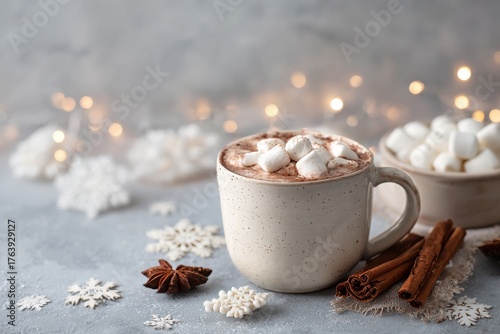 Warm Hot Chocolate With Marshmallows and Cinnamon Sticks During Winter Season...