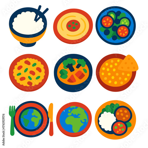 Diverse Food Icons. Flat vector icons of cultural diversity in healthy eating: Asian rice bowl, Middle Eastern hummus plate,