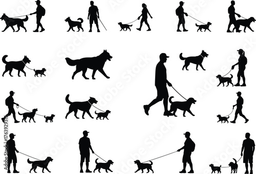 Silhouettes of people walking dogs, multiple breeds and poses, flat vector, isolated, cad drawing