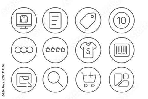 E-commerce Icon Set. Line style round icons of online product listings: product image, item description, price tag, stock counter;