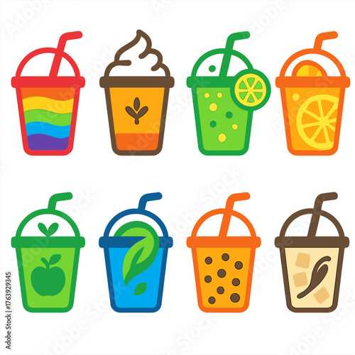 Vibrant Drink Icons. Flat vector icons of drink plastic cup with straw: rainbow smoothie with multicolor layers, spiced pumpkin