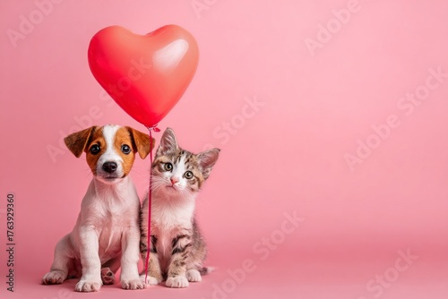 Cute Puppy and Kitty With Red Heart Balloon on Pink Background Celebrating Fr...