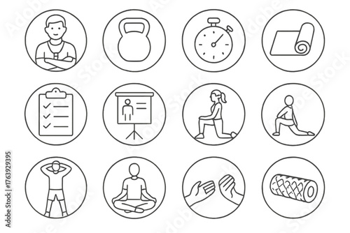 Fitness Class Icons. Line style round icons of fitness class: coach, kettlebell, clock, mat; class list, instruction board, demo