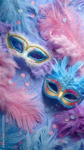 Colorful Masquerade Masks on a Vibrant Background With Feathers and Confetti