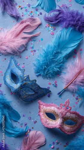 Colorful Masquerade Masks on a Vibrant Background With Feathers and Confetti