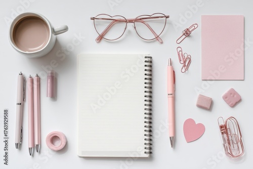 Desk Setup With Pink Stationery and Coffee for Productivity and Creativity in...