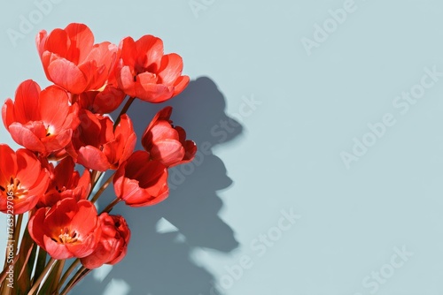 Bright Red Tulips With Soft Shadows Against a Light Blue Background in Spring...