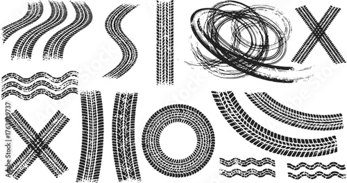 Tire tracks after skidding, launch, drift, powerslide in motorsport, rally, off-road, motocross. Wheel texture with splash effect. Vector, EPS version.