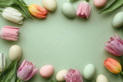 Colorful Spring Tulips and Pastel Eggs Create a Festive Arrangement on a Soft...