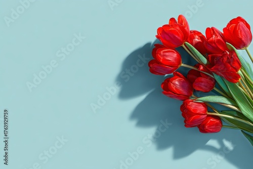 Bright Red Tulips With Soft Shadows Against a Light Blue Background in Spring...
