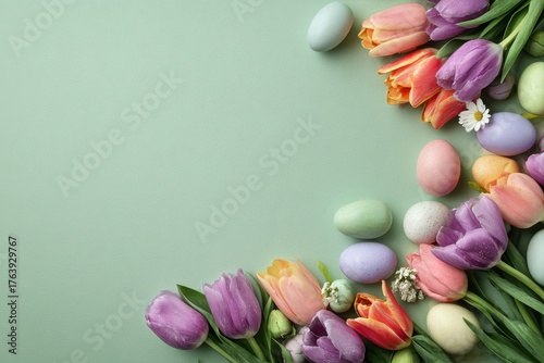 Colorful Easter Eggs and Tulips Arranged on Light Green Background for Spring...