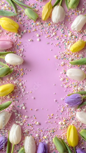 Colorful Tulips and Sprinkles Create a Festive Spring Display on a Pink Backg...