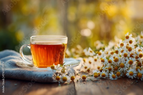 Warm Chamomile Tea in a Glass Cup Surrounded by Fresh Daisies on a Sunny Afte...