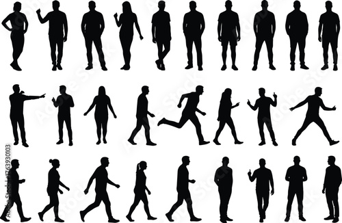 Silhouettes of people walking, running, standing, and gesturing in varied poses, flat vector, isolated, cad drawing