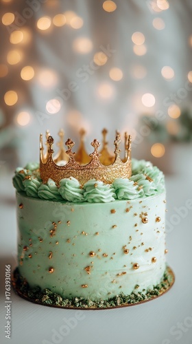 Mint Green Cake With Golden Crown Decoration for Celebration Event