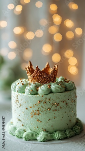Mint Green Birthday Cake With Golden Crown Decoration on a Festive Table