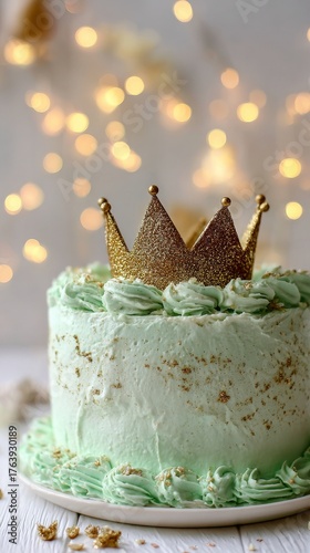 Mint Green Birthday Cake With Golden Crown Decoration on a Festive Table