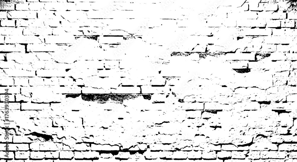 Fototapeta premium Distressed white brick wall background with weathered texture, creating a rustic and aged appearance for design isolated on transparent background