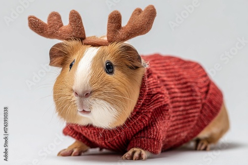 Cute Guinea Pig in a Red Sweater With Reindeer Antlers Posing for a Festive P...