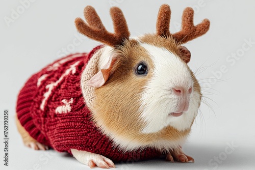 Cute Guinea Pig in a Red Sweater With Reindeer Antlers Posing for a Festive P...