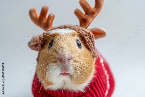 Cute Guinea Pig Dressed in Red Sweater With Antlers During Festive Season