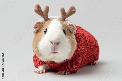Cute Guinea Pig Dressed in Red Sweater With Antlers During Festive Season