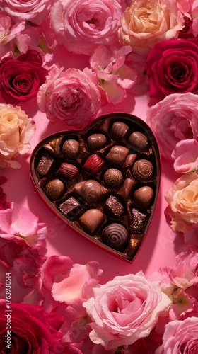 Delicious Heart-Shaped Chocolate Box Surrounded by Vibrant Roses on a Pink Ba...