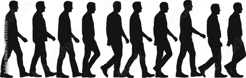 Silhouettes of person walking in motion sequence, side profile, flat vector, isolated, cad drawing