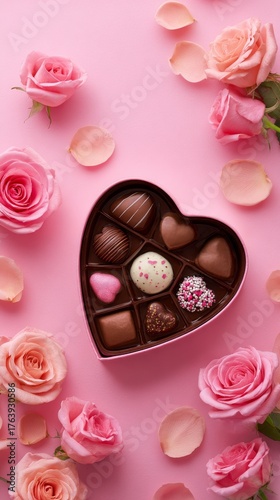 Delightful Heart-Shaped Box of Chocolates With Fresh Roses on Pink Background