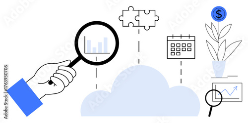 Magnifying glass examining data, cloud with links to puzzle, calendar, money, plant, growth graph. Ideal for analysis, technology, planning finance growth research simple flat metaphor