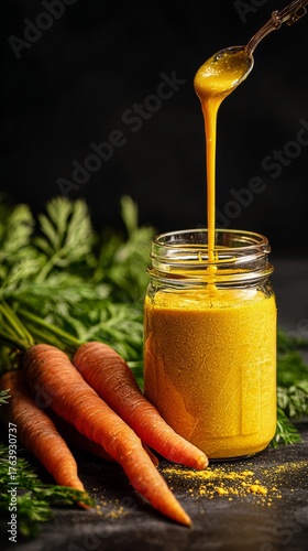 Fresh Juice Pouring From Jar Into Glass Jar With Carrots and Greens on Dark T...