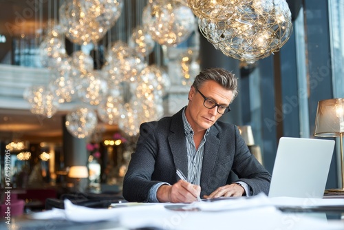 Businessman Working at a Modern Desk With Laptop in a Stylish Cafe During the...