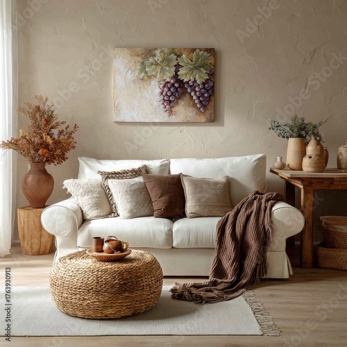Modern Living Room With Neutral Tones and Grape Artwork for Cozy Atmosphere