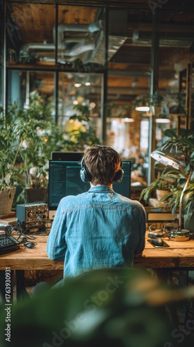 Person Working at a Desk in a Cozy Office Filled With Plants During the After...