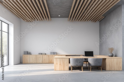 Modern Minimalist Office Design With Wooden Accents and Spacious Layout in Br...