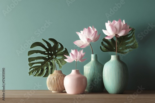 Decorative Vases With Flowers and Leaves on a Wooden Table Against a Green Wall