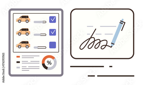 Cars listed with checkboxes, a pen signing a document, pie chart for data. Ideal for business, leasing, agreement, e-signature, contracts statistics remote deals. Simple flat metaphor