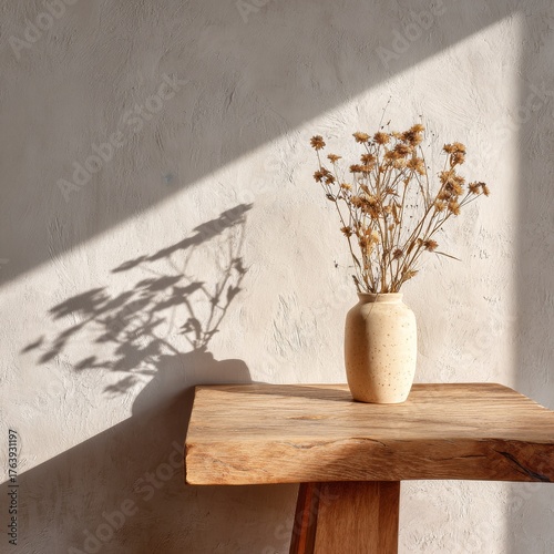 Soft Shadows Cast by Dried Flowers in a Vase on a Wooden Table at Sunset