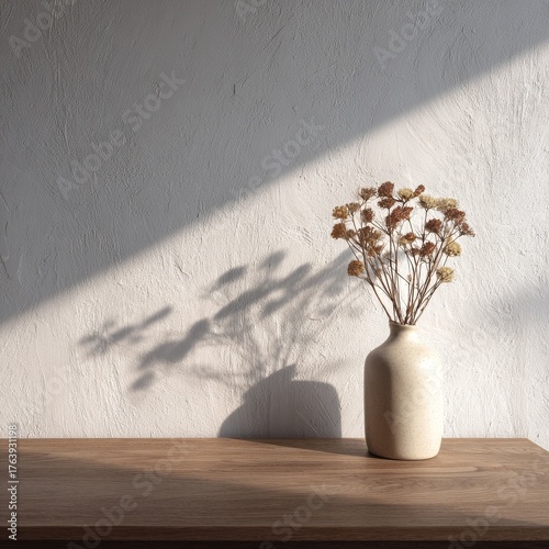 Soft Shadows Cast by Dried Flowers in a Vase on a Wooden Table at Sunset