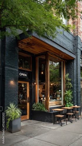 Cozy Cafe With Large Windows and Outdoor Seating on a Quiet Street in the Aft...