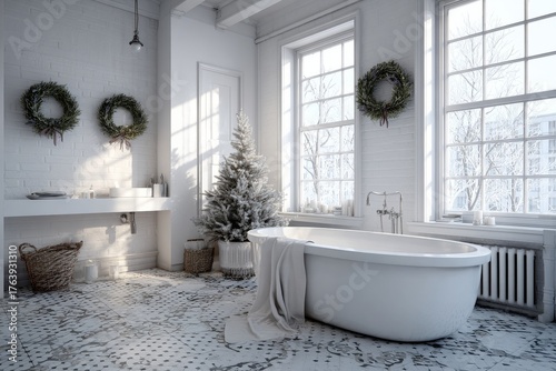 Winter Relaxation in a Cozy Bathroom With a Christmas Tree and Wreaths