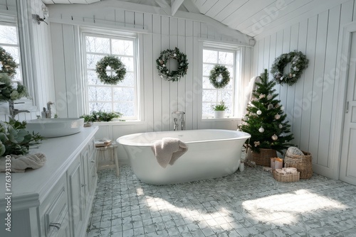 Winter Relaxation in a Cozy Bathroom With a Christmas Tree and Wreaths