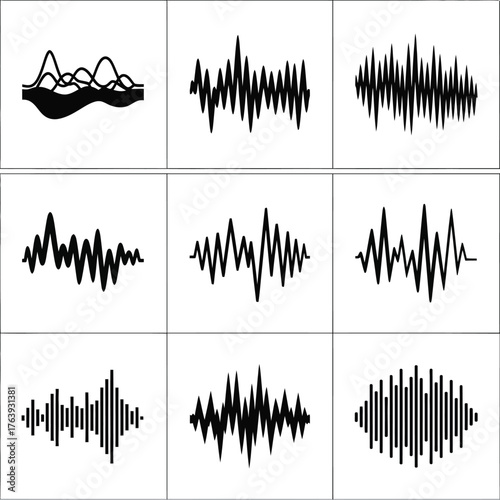Sound Waveforms Set audio signal frequency amplitude vibration oscillation data visualization graphic black and white vector