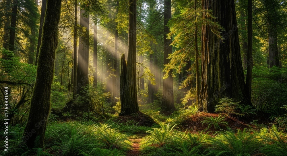 Obraz premium Redwood Forest Sunlight: Nature, Environment, Travel Destination
